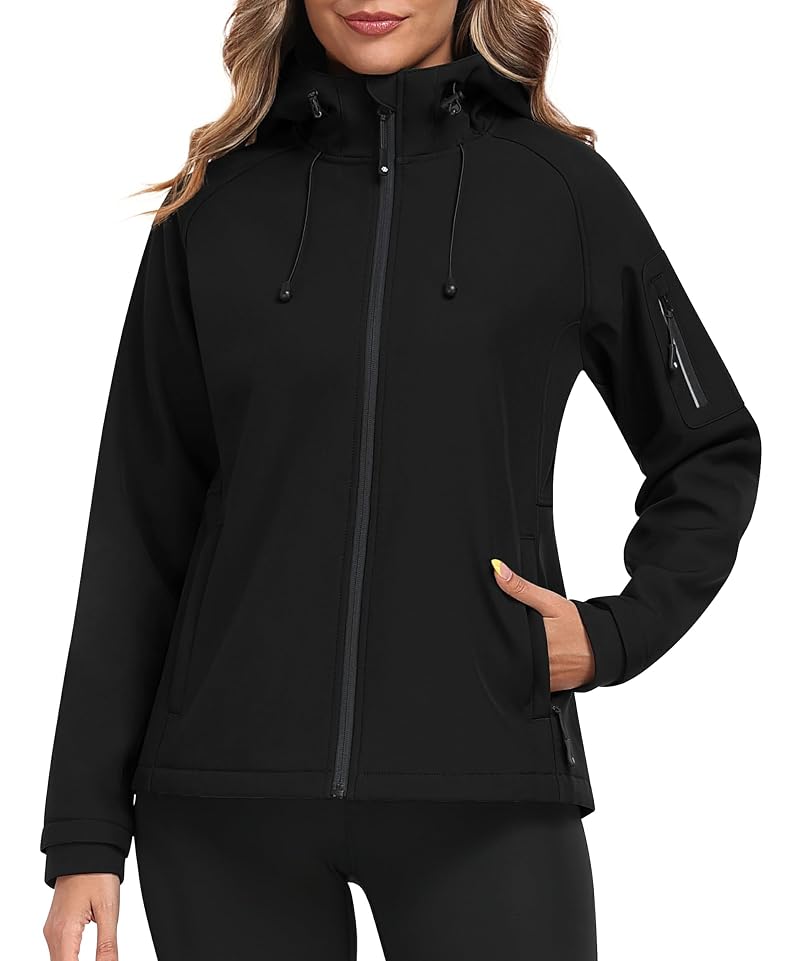 MoFiz Women's Fleece-Lined Softshell Jacket - Lightweight Insulated Warm Coat, Black, Large