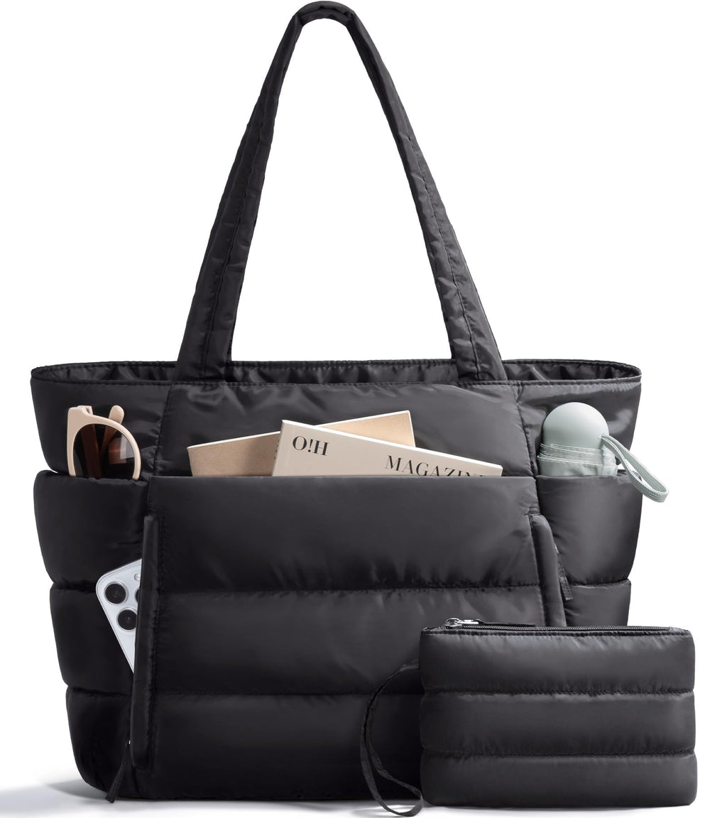 Bagstellar Puffer Tote Bag for Women, Lightweight Puffy Work Handbag Teacher Nurse Quilted Shoulder Bag for School Travel Gym