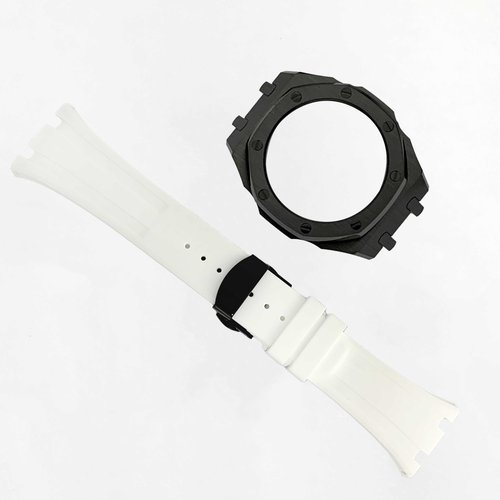 Ga2100 Watch Strap Case Mod Kit Parts,Black Smooth Metal Case Modify Custom Replace Silicone Watch Band Strap Compatible With Casio G shock Ga-2100/Ga-2110/GA-B2100 (White Silicone Band)