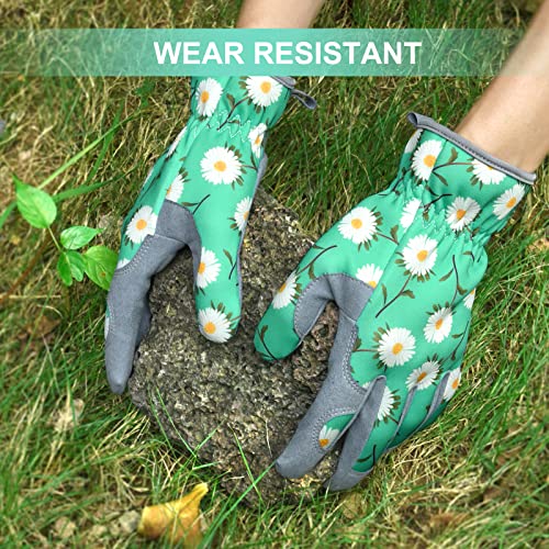 Women's Gardening Weeding Gloves - Leather Thorn-Proof Garden Gloves for Digging & Pruning - Bright Green Medium