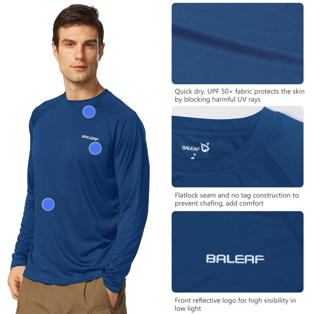 baleaf Mens UPF 50+ Sun Protection Shirts Long Sleeve Rash Guard, Quick Dry 4-Way Stretch for Fishing Swimming Surfing 01-Ocean Blue L