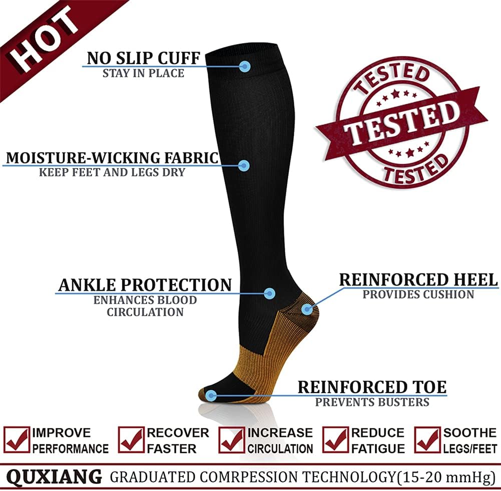 QUXIANG Copper Compression Socks - 8 Pairs for Enhanced Circulation | Ideal for Running & Cycling - 15-20 mmHg