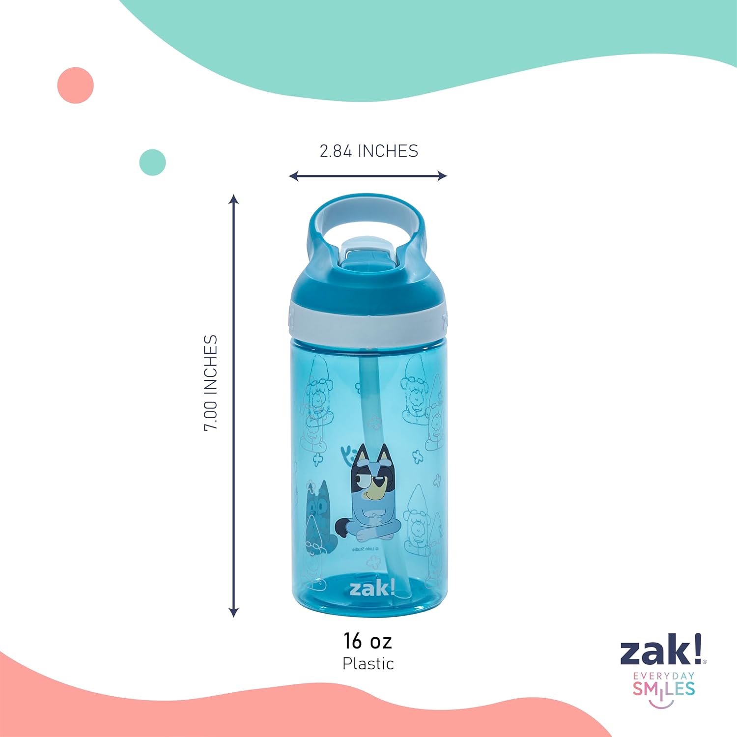 Zak Designs Bluey Kids Water Bottle - 16oz Durable Plastic with Straw & Leak-Proof Cover | 2-Pack (Bluey, Bingo)