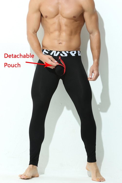 KAMUON Men’s Removable Pouch Long Johns Thermal Underwear Pants Bottom Leggings (US, Alpha, Large, Regular, Regular, Black)