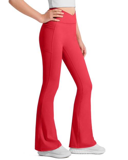 JOCMIC Girls Flare Leggings Kids Bell Bottom High Waisted Yoga Dance Flared Bootcut Pants Red 7-8 Years