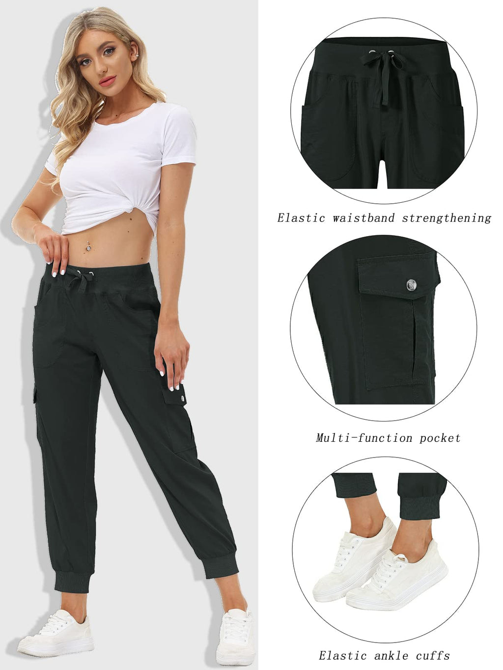 MoFiz Women Cargo Pants with Pockets Lightweight Outdoor Summer Travel Casual Hiking Pants Running Joggers Sweatpants Elastic Waist Dark Grey 3XL
