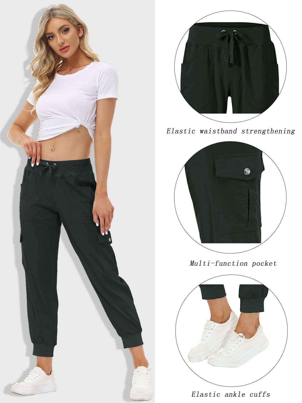 MoFiz Women Cargo Pants with Pockets Lightweight Outdoor Summer Travel Casual Hiking Pants Running Joggers Sweatpants Elastic Waist Dark Grey 3XL