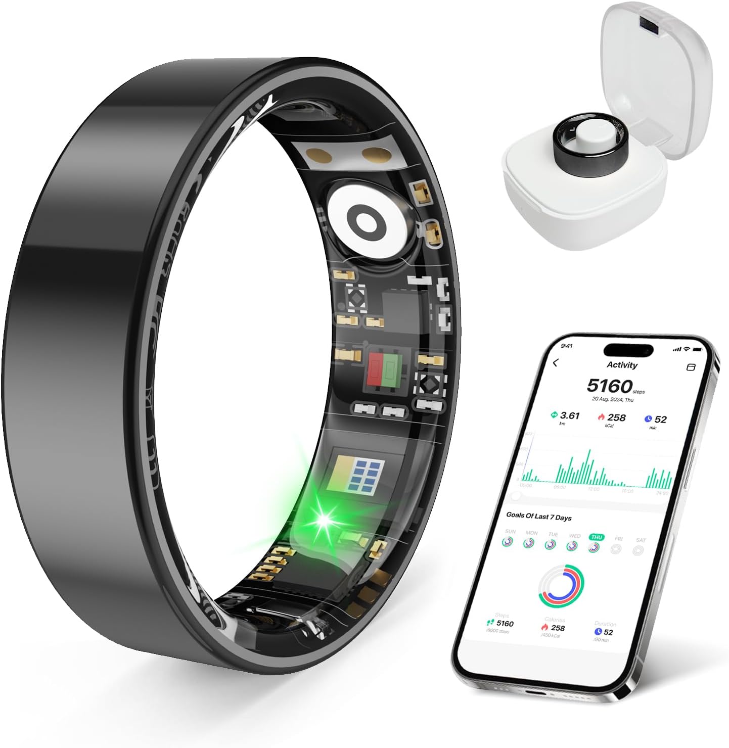 Smart Health Ring - Waterproof Fitness Tracker with Stress & Sleep Monitoring | Compatible with iOS & Android (Black, Size 8)