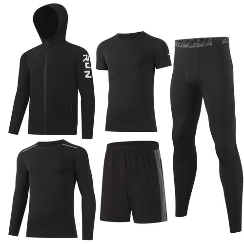 BUYJYA 5Pcs Men's T Shirts Workout Long Sleeve Athletic Zip Pocket Shorts Jackets Compression Pants Gym Clothes Running Basketball Football Gear