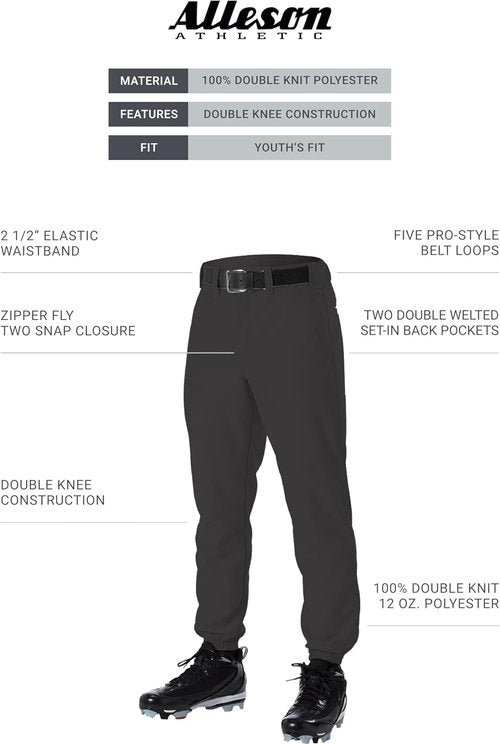 Alleson Athletic Boys Baseball Pants - Elastic Bottom, Classic Fit, Durable Fabric, Secure Waistband
