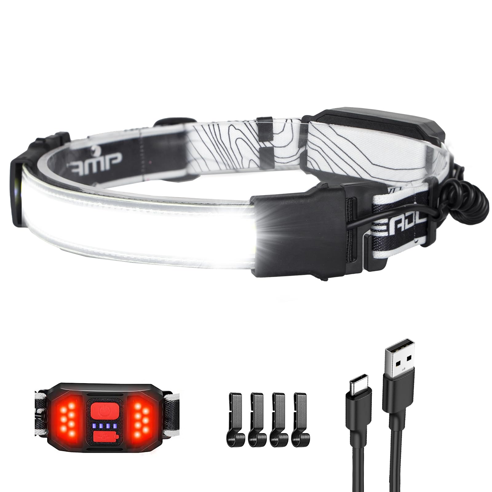 Spriak LED Headlamp Flashlight, 1000L 230° Broadbeam Headlight, USB C Rechargeable Head Lamp with Red Taillight, Lightweight Waterproof Headlamps for Camping Running Hiking, Hard Hat Headlamp 1Pack