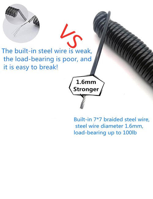 LORADAR 6Feet 120lb Fishing Coiled Lanyard Stainless Steel Inside Heavy Duty Fishing Safety Rope Extension Cord Tether for Deep Sea Fishing Tools Rod Kayak Paddles (Black, 6)