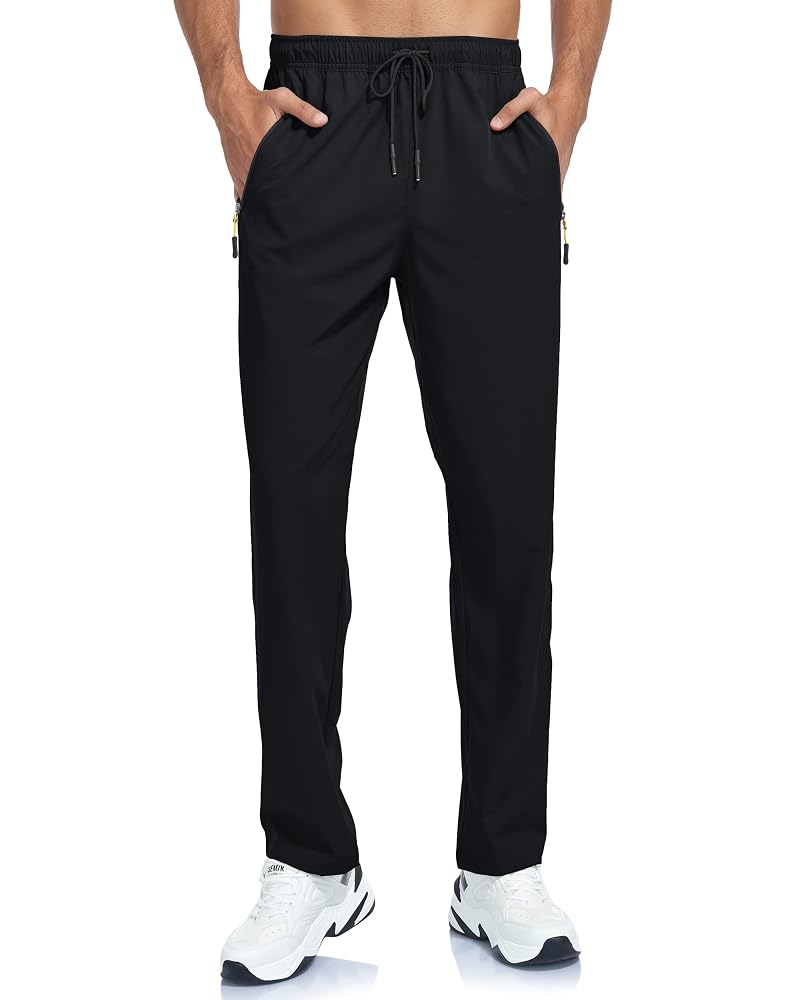 Men's Lightweight Hiking Pants - Breathable Quick Dry, Water-Resistant, UPF 50+, Zipper Pockets, Black, Large