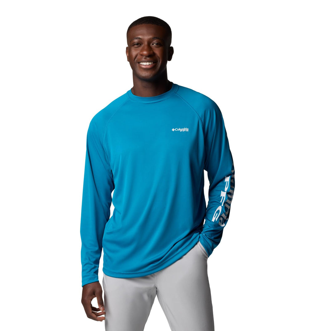 Columbia Men's PFG Terminal Tackle Long Sleeve Fishing Shirt, Blue Echo/White Logo, 3X Tall