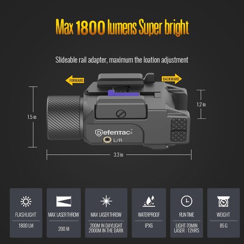 DEFENTAC Pistol Light Laser Combo - 1800lm Rechargeable Tactical Flashlight with Quick Release & Strobe