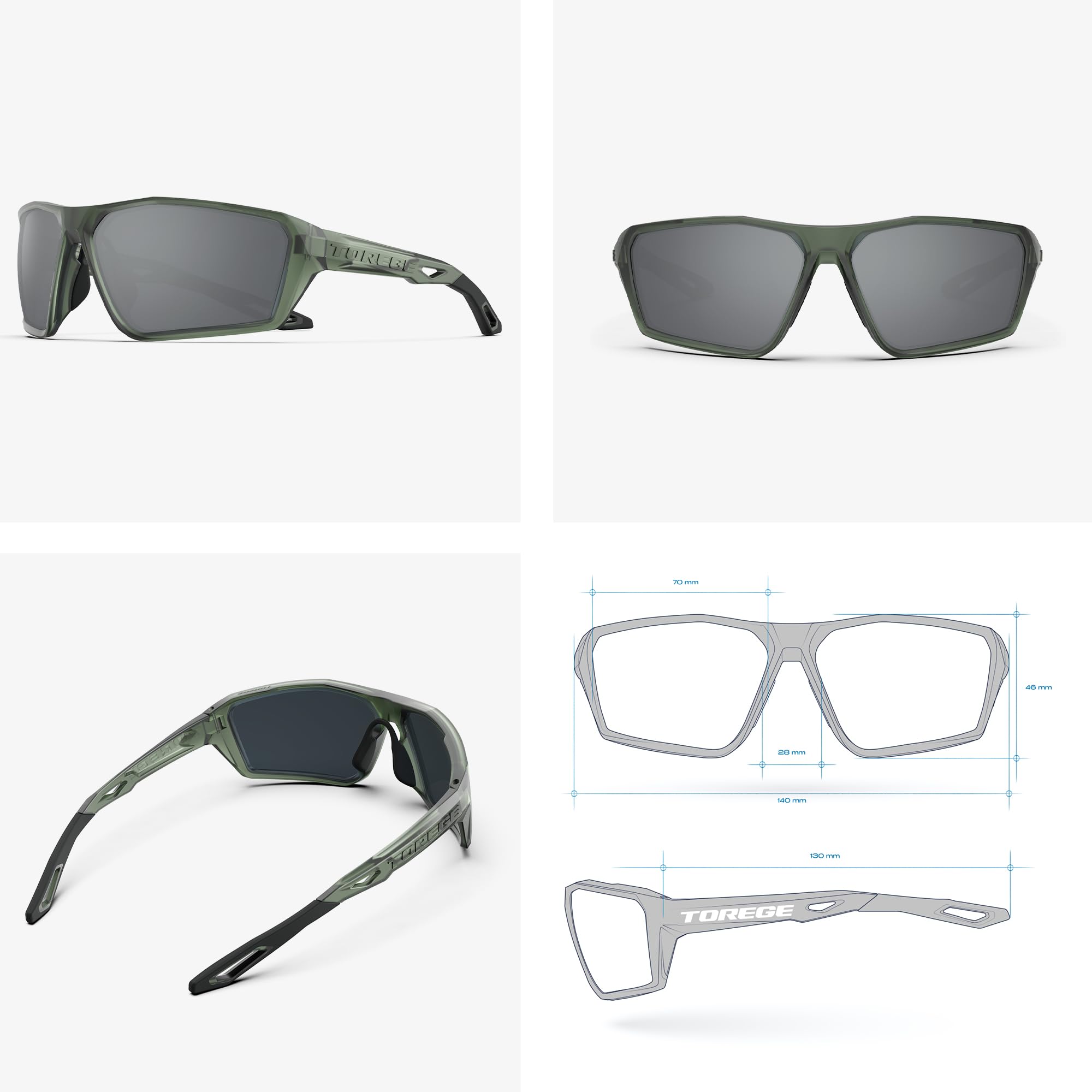 Polarized Sports Sunglasses for Men Women Fishing Running Driving Cycling Sunglasses Theseus TR36 (Matte Transparent Gray Green&Silver Lens)