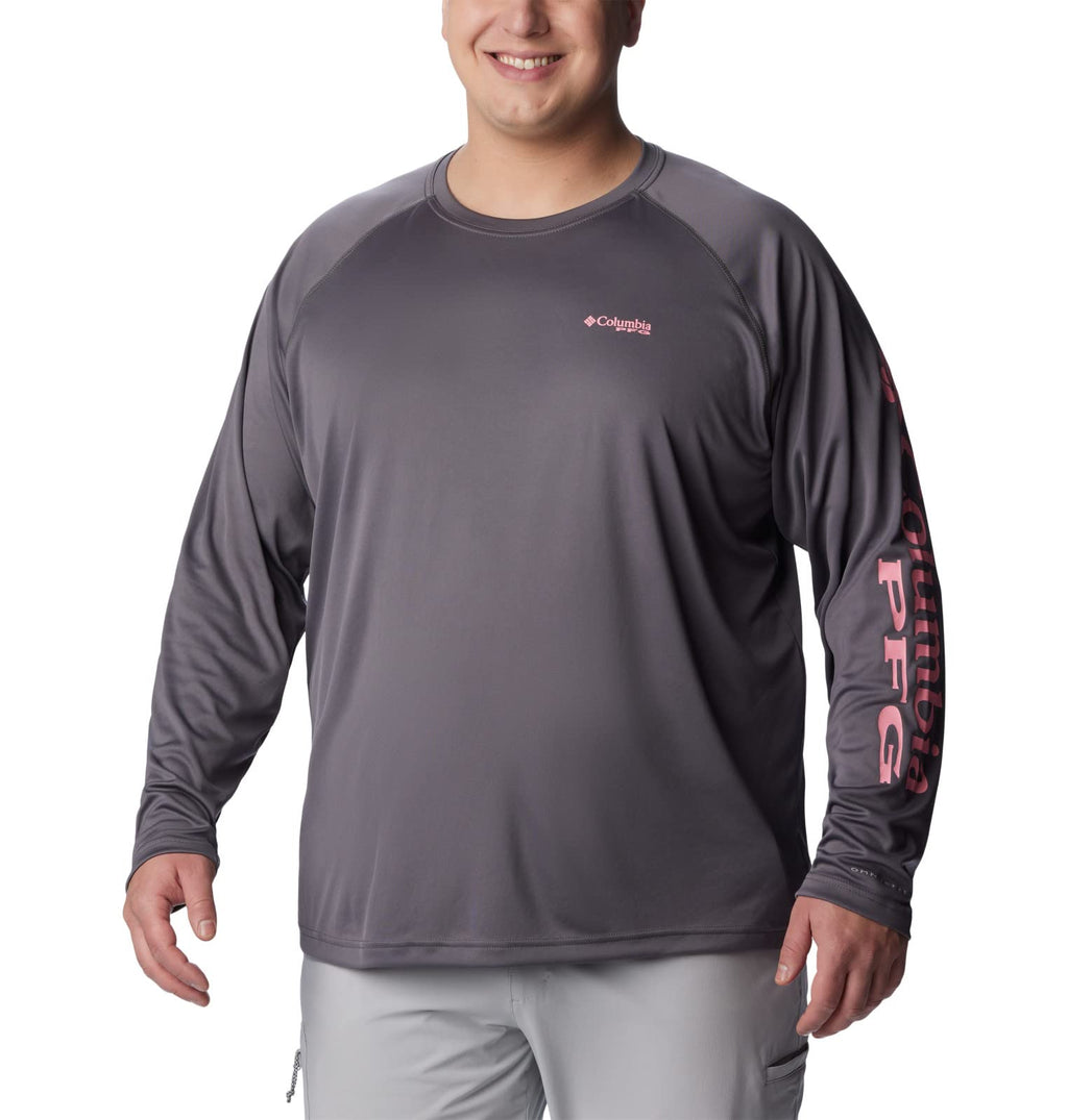 Columbia Men's Terminal Tackle Long Sleeve Fishing Shirt, City Grey/Pink Pop Logo, Large