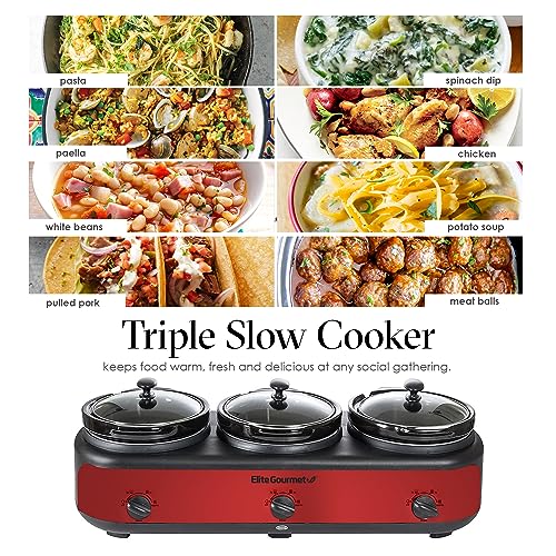 Elite Gourmet Red Triple Slow Cooker Buffet Server, 3 x 2.5 Qt, Multi-Use Kitchen Appliance