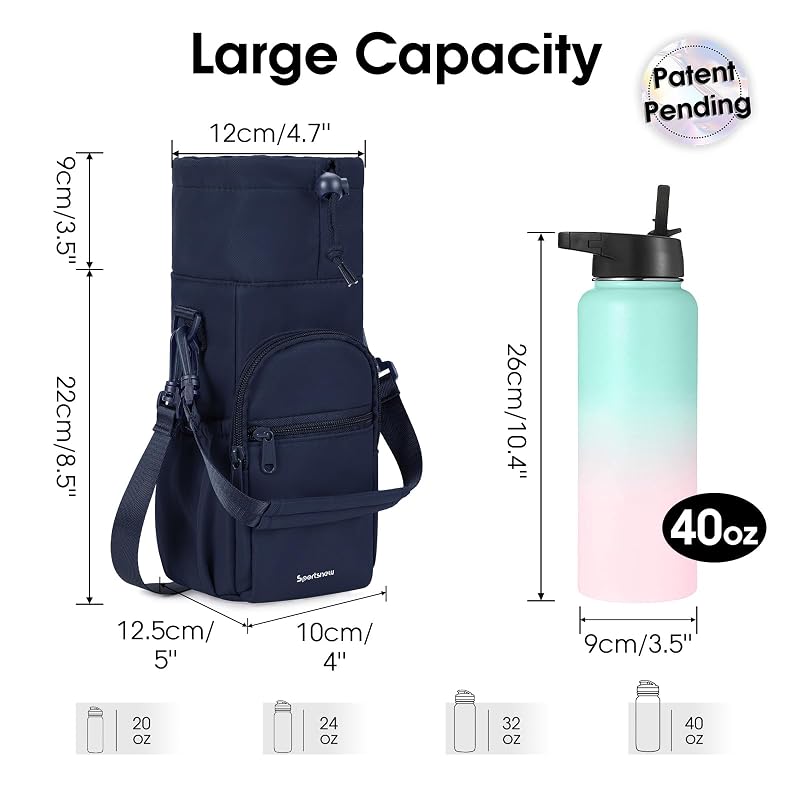 Navy Blue 40oz Insulated Crossbody Water Bottle Sling Bag with Phone Pocket