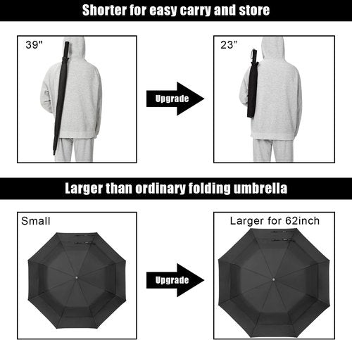 G4Free 62-Inch Portable Golf Umbrella - Large Windproof & Waterproof Double Canopy | Black
