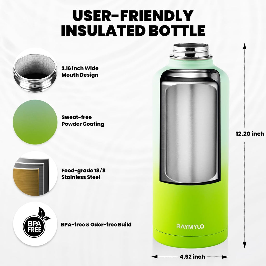 RAYMYLO Insulated Water Bottle - 87 Oz Triple Wall Vacuum Stainless Steel | Cold for 48 Hrs, Leak Proof, Ombre Green