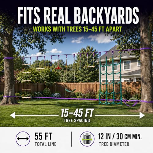 Kids Outdoor Ninja Warrior Obstacle Course with 2x55ft Slacklines - Purple, 10 Obstacles