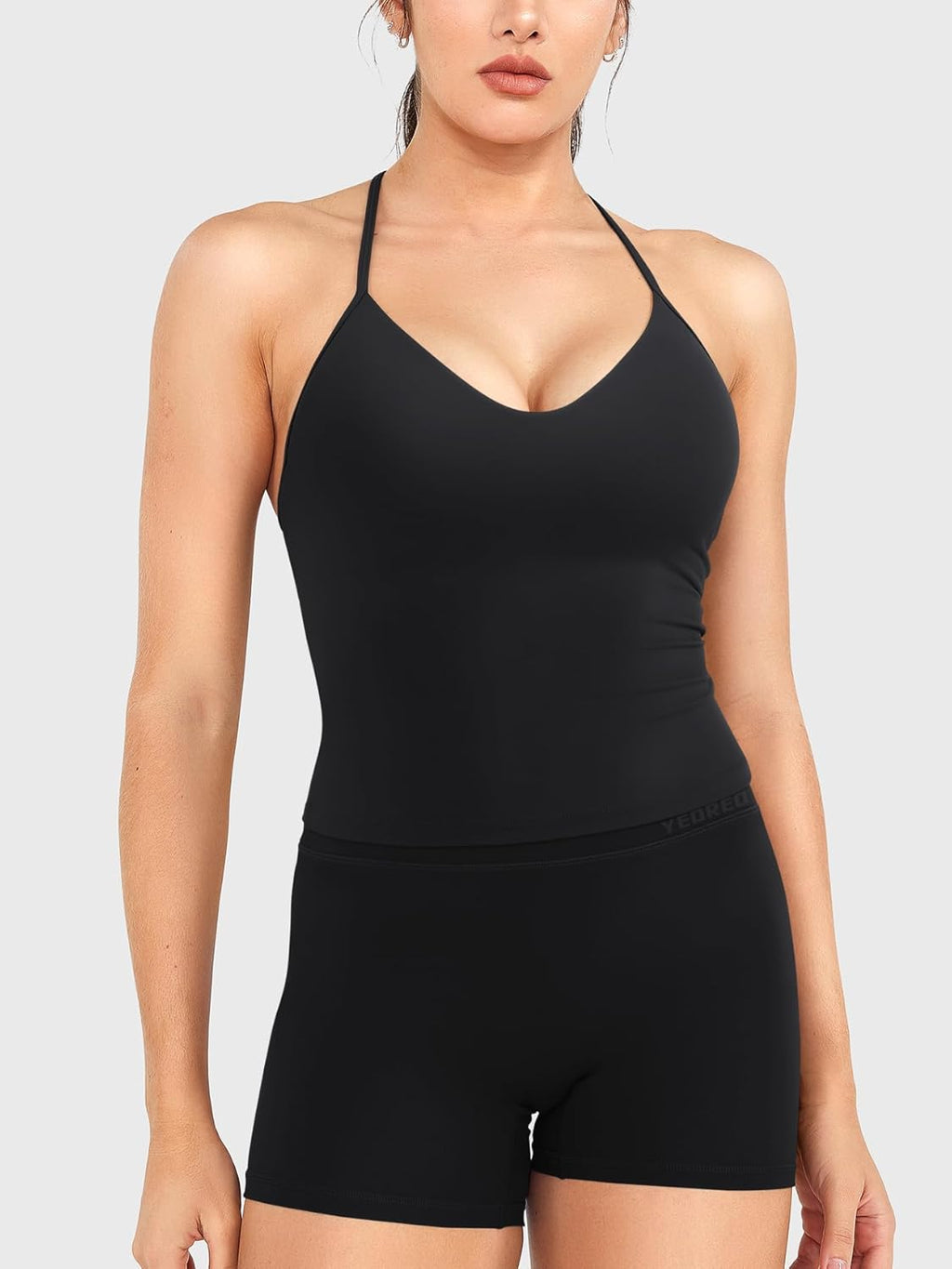 YEOREO Women's Halter Tank Top - Strappy Padded Deep V Neck with Built-In Bra | Gym Crop Top