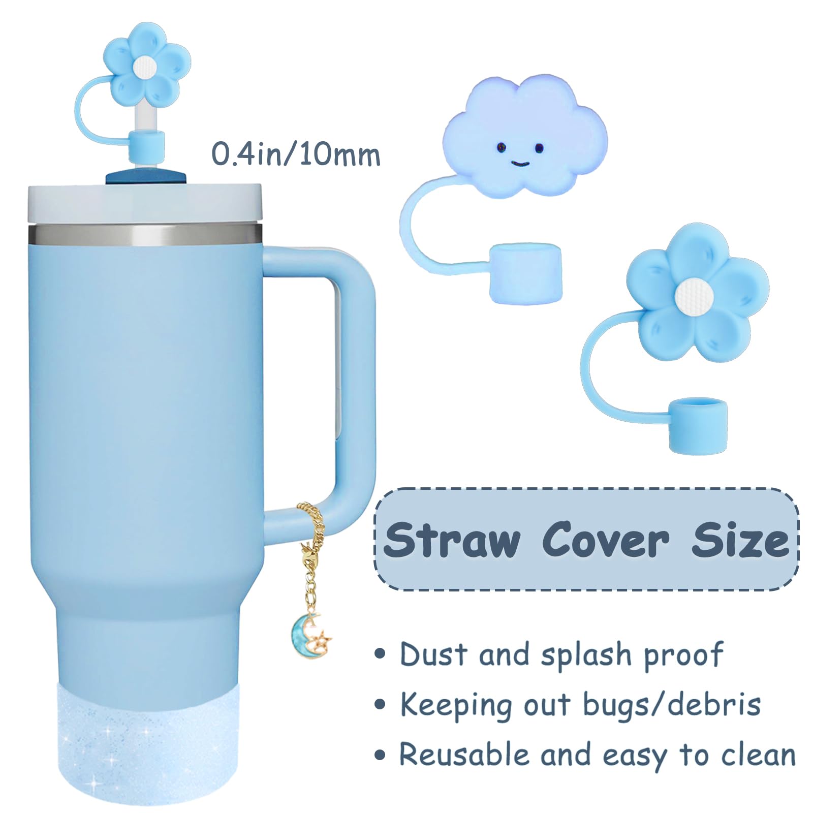 Stanley Cup Accessories Set,Including 2 Pcs 0.4in Straw Cover, 1 Silicone Spill-Proof Stopper Set of 3, 1 Cute Moon Handle Charm, 1 Silicone Boot Fits Stanley 40&30 Oz Tumbler (Blue 2.0)