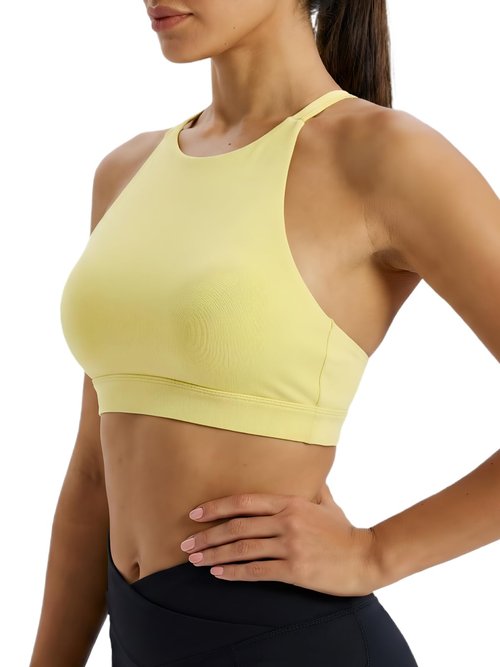 Omwilddo High Neck Cross Back Sports Bra for Women Light Support Yoga Bralette Thin Strap Removable Pads Pilates Workout Top Yellow XXL