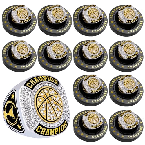 Daijbling 12 Pcs Gold Basketball Championship Rings with Chains & Stand - Tournament Trophy & Winner Gift (Size 11)