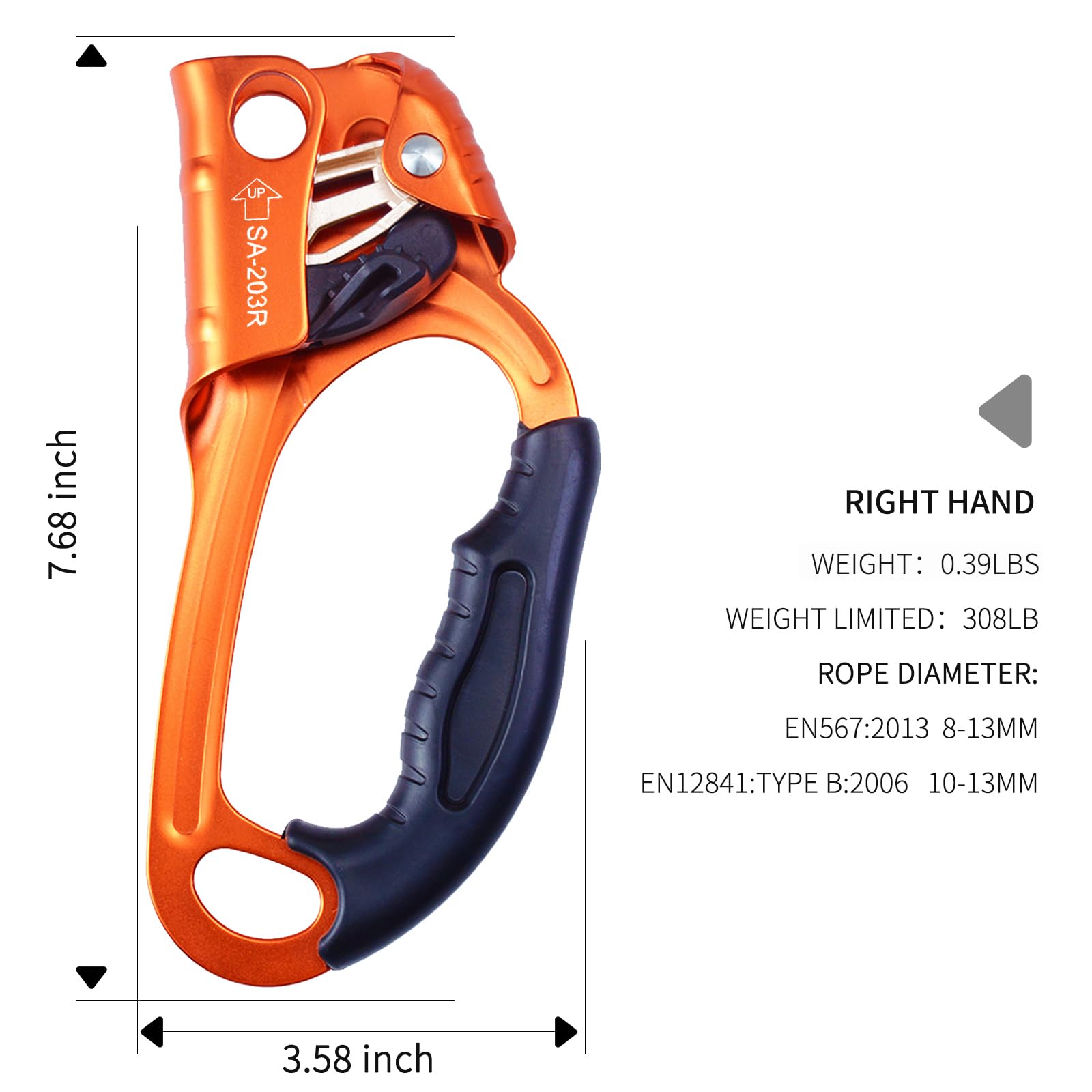 S.E.PEAK UIAA & CE Certified Climbing Rappelling Equip Hand Ascender for 8-13mm Rope Right Hand Orange