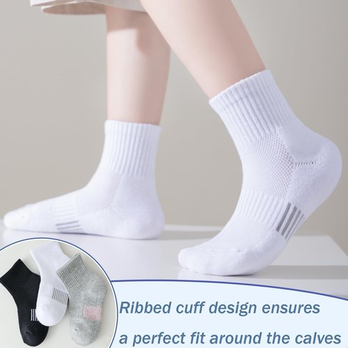 hakugoo Kids White Ankle Athletic Socks - 12 Pairs Cushioned Quarter Socks for Boys Girls, Breathable Mesh Cotton, 7-10 Years Youth (White, M)