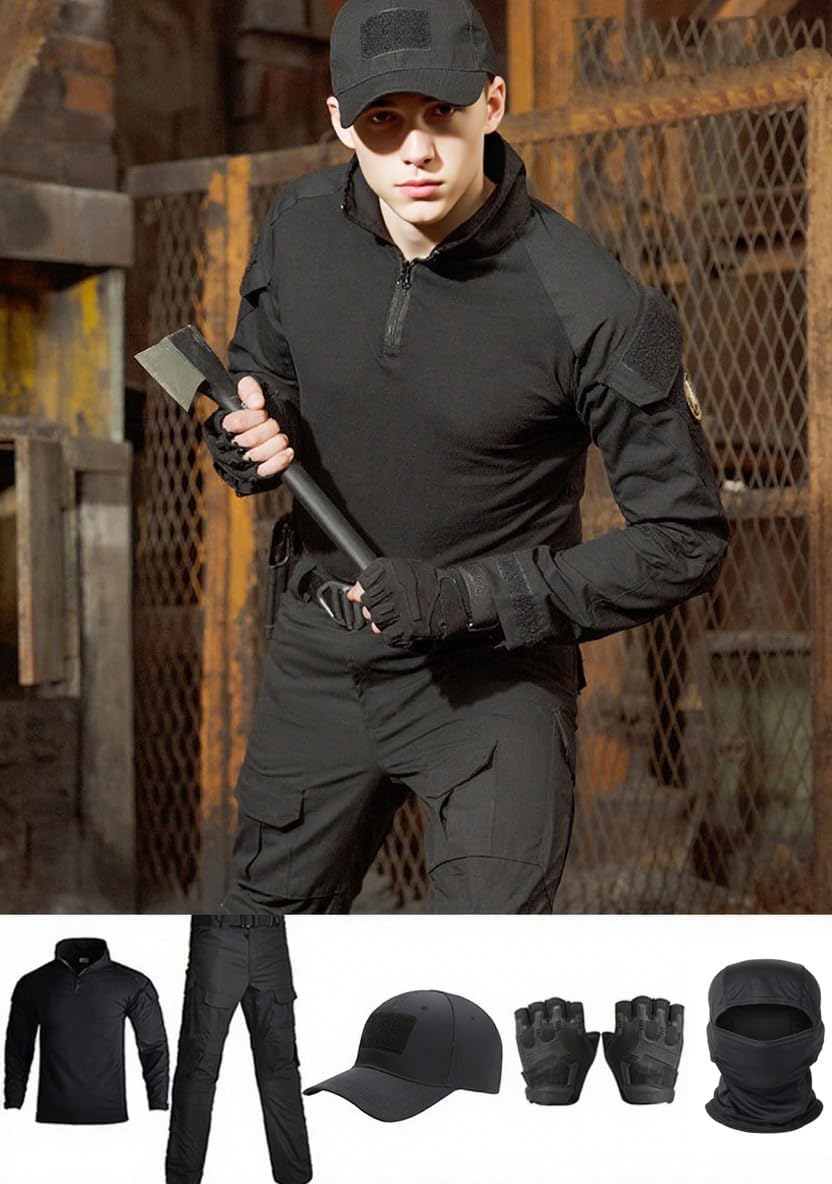 Skiennix Tactical Uniform Set - Combat Pants, Shirt, Cap, Balaclava & Gloves | Men's Camo Airsoft Gear