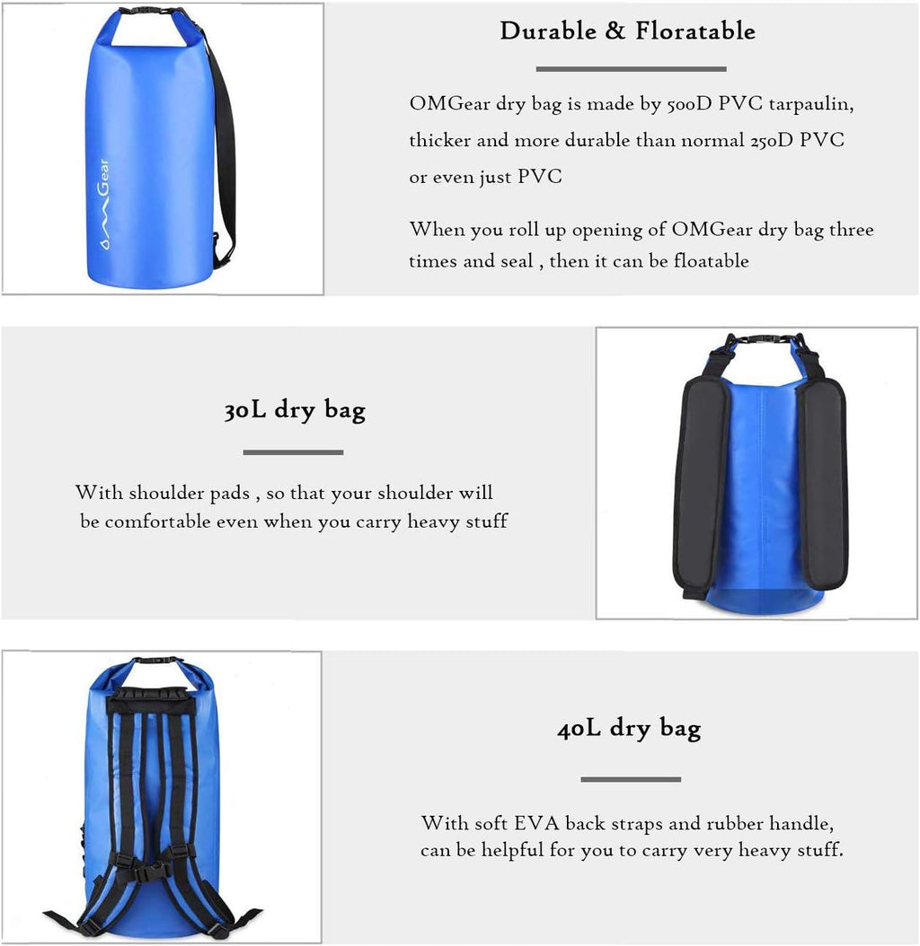 OMGear Waterproof Dry Bag Backpack - Floating Phone Pouch for Kayaking & Outdoor Activities | 40L/30L/20L/10L/5L