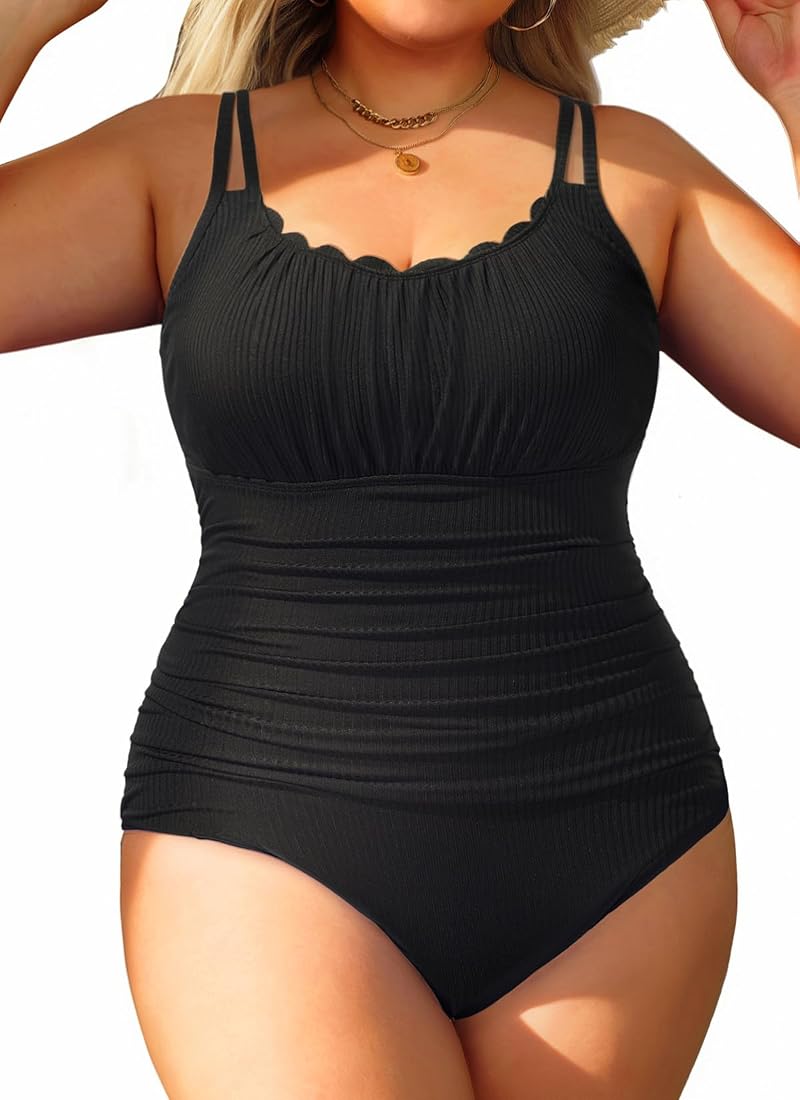 Women's Plus Size One Piece Swimsuit with Tummy Control - Ribbed Bathing Suit, Black+22