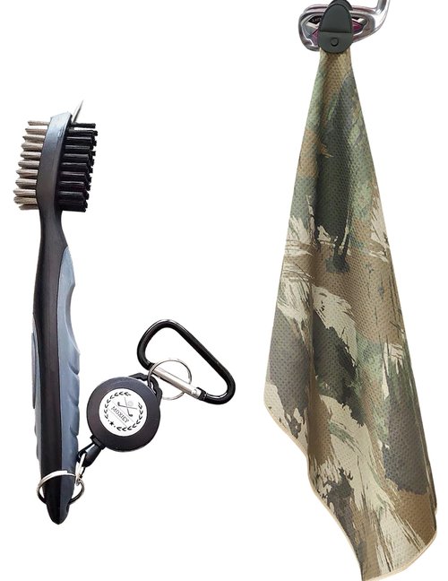 Moxiey Magnetic Golf Towel | Brush & Groove Cleaner w/Retractable Carabiner | Camo Design Microfiber Towel | Strong Magnet for Firm Hold to Cart & Clubs | Accessories for Men & Women