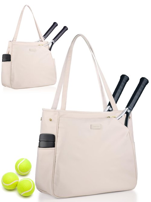 CHICECO Tennis Tote Bag for Women, Large Tennis Racket Bag, 2 Racket Capacity, Beige