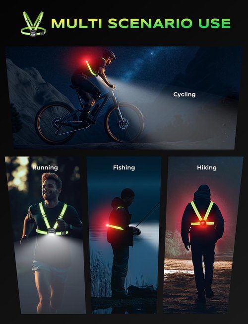 Viccux 500LM High-Vis Running Lights for Runners with Rear Light, Adjustable 45° Beam & 360° Reflective Vest, IPX4 Waterproof Running Vest Light for Night Walking/Cycling/Jogging, 3.5-20Hrs Runtime