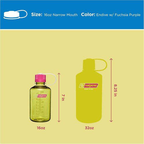 Nalgene 16 oz Narrow Mouth Water Bottle - BPA-Free, Durable & Leak Proof | Endive with Fuchsia Purple