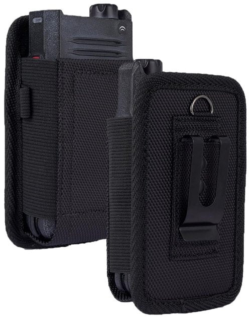 Case for Siyata SD7 Radio, Nakedcellphone Rugged Canvas Pouch Vertical Holster Holder [Metal Clip and Secure Belt Thread Loop Harness] for Rapid Radios - Black
