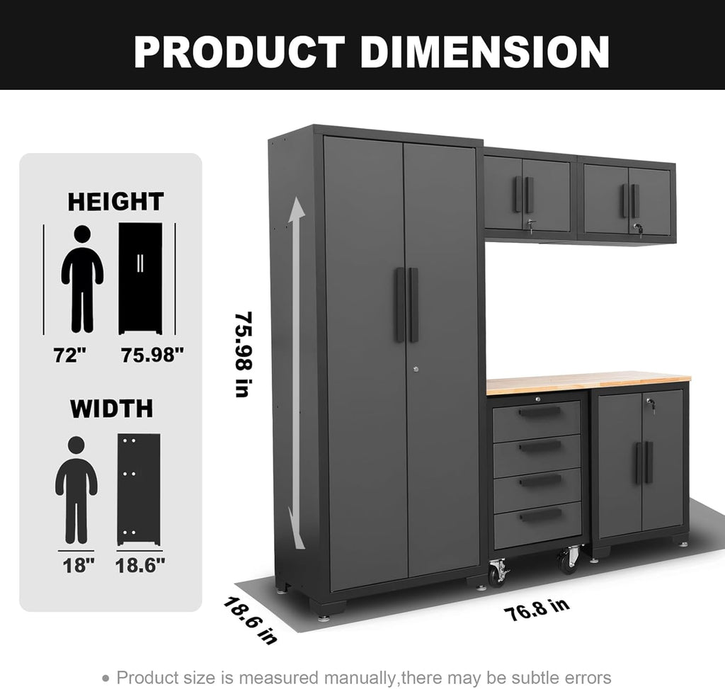 Torin Garage Storage Cabinet Set - 6-Piece Tool Organizer with Lockers & Wood Workbench | Black/Grey, 76.8" L x 18.5" W x 75.79" H