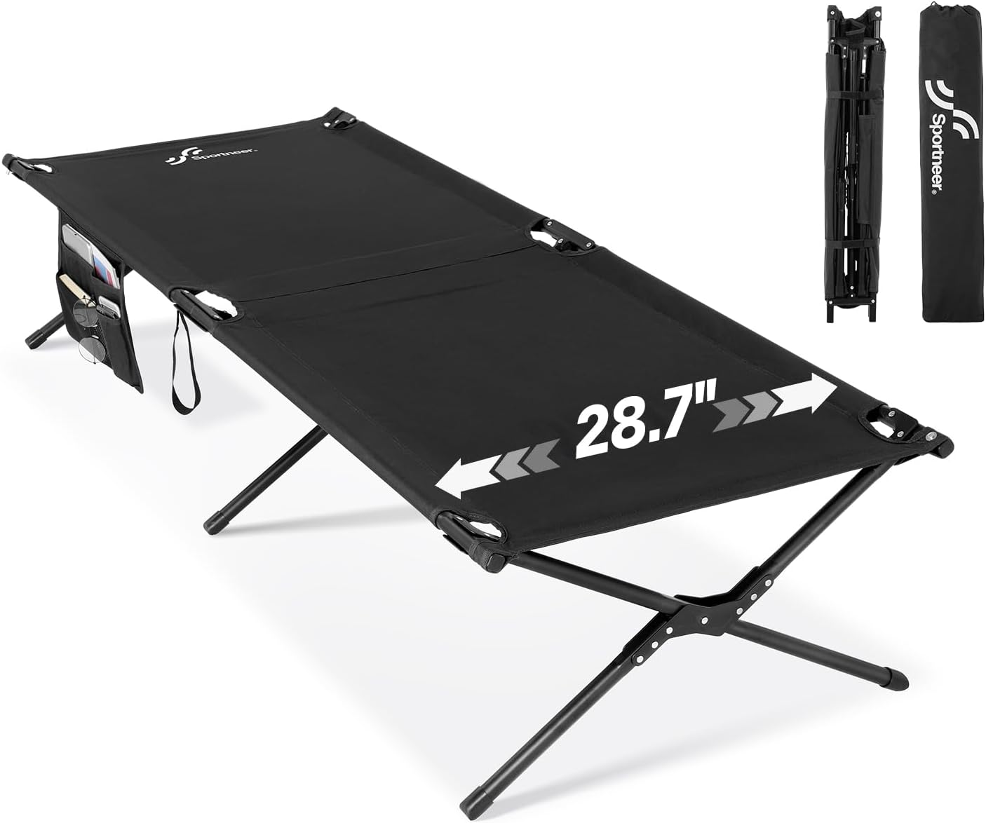 Sportneer Camping Cot: 78.3"x28.7"x14.6" Comfort Cot Bed for Camping Traveling Guest Bed, Sleeping Cots for Adults with Side Pockets & Storage Bag - Ease of Assembly, Support 330 Lbs