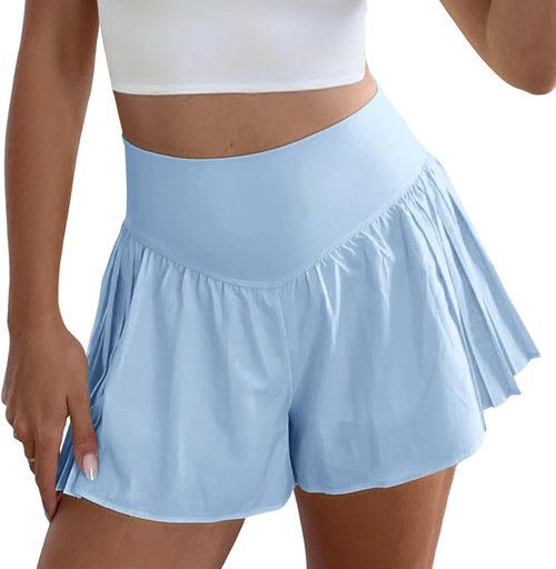 Fisoew Women's High-Waisted Workout Shorts - Lightweight Elastic Pleated Running Shorts