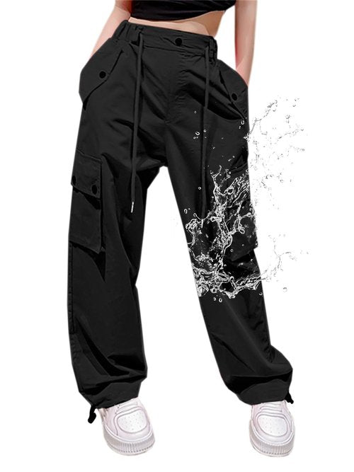 Cromoncent Women's High Waist Parachute Pants Y2K Cargo Trousers with Pockets for Womens, Black, M