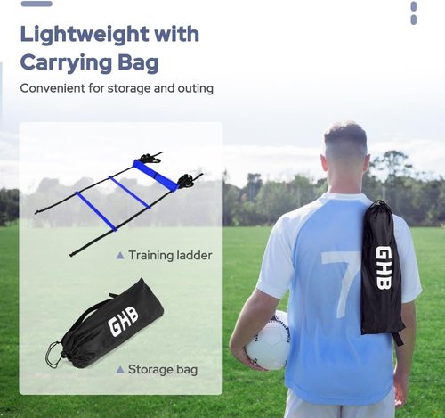 GHB Agility Ladder - 12 Rung 20ft Training Set with Hex Agility Rings & Carrying Bag