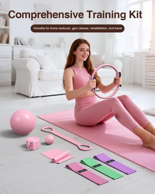 Pilates kit for Home, 12 Inch Pilates Ring and Ball Set，Pilates Equipment with 3 Fabric Resistance Bands, Massage Ball, Pilates Starter Kit for Strength, Toning, Including Workout Guide(Pink)