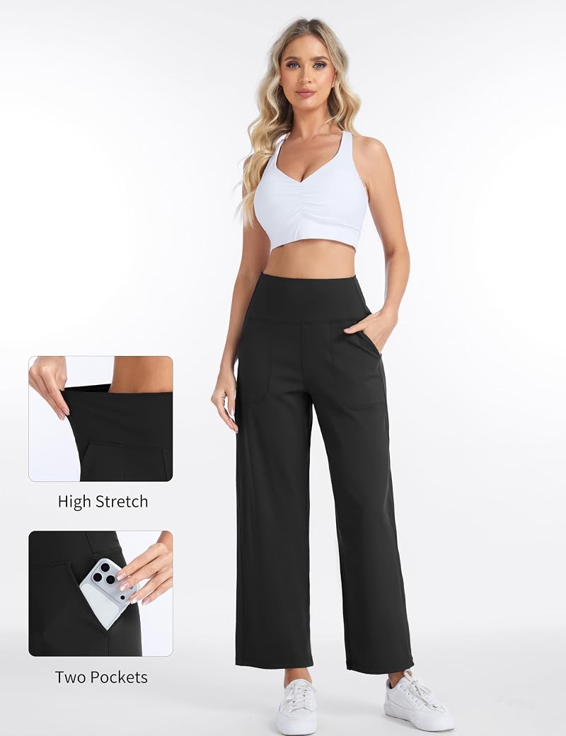 The Gym People Women's Wide Leg High Waist Yoga Pants with Pockets - Black, 27" Inseam