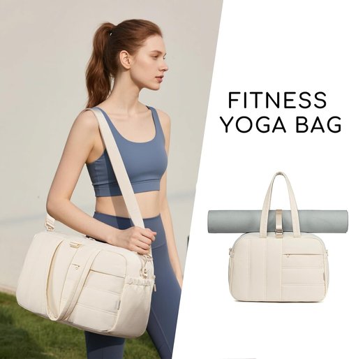 CAMTOP Gym Bag for Women - Lightweight Water-Resistant Duffle with Yoga Mat Holder | 16-Inch Beige Travel Bag