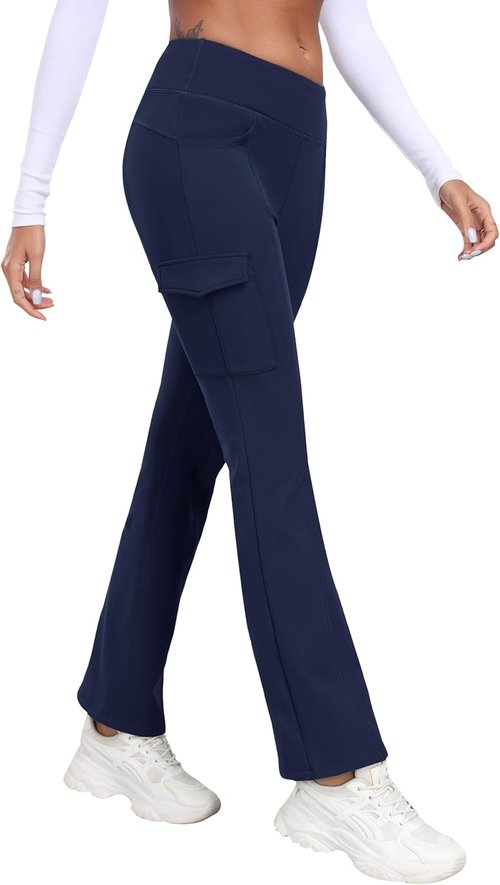 MoFiz Women's Fleece Lined Pants Winter Thermal Water Resistant Crossover Flare Leggings Warm Hiking Outdoor Sweatpants Navy L