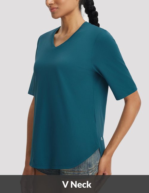 baleaf Womens Half Sleeve Athletic Shirts V Neck Elbow Short Sleeve Workout Tops UPF 50+ Sun Protection UV Yoga Running Blue L